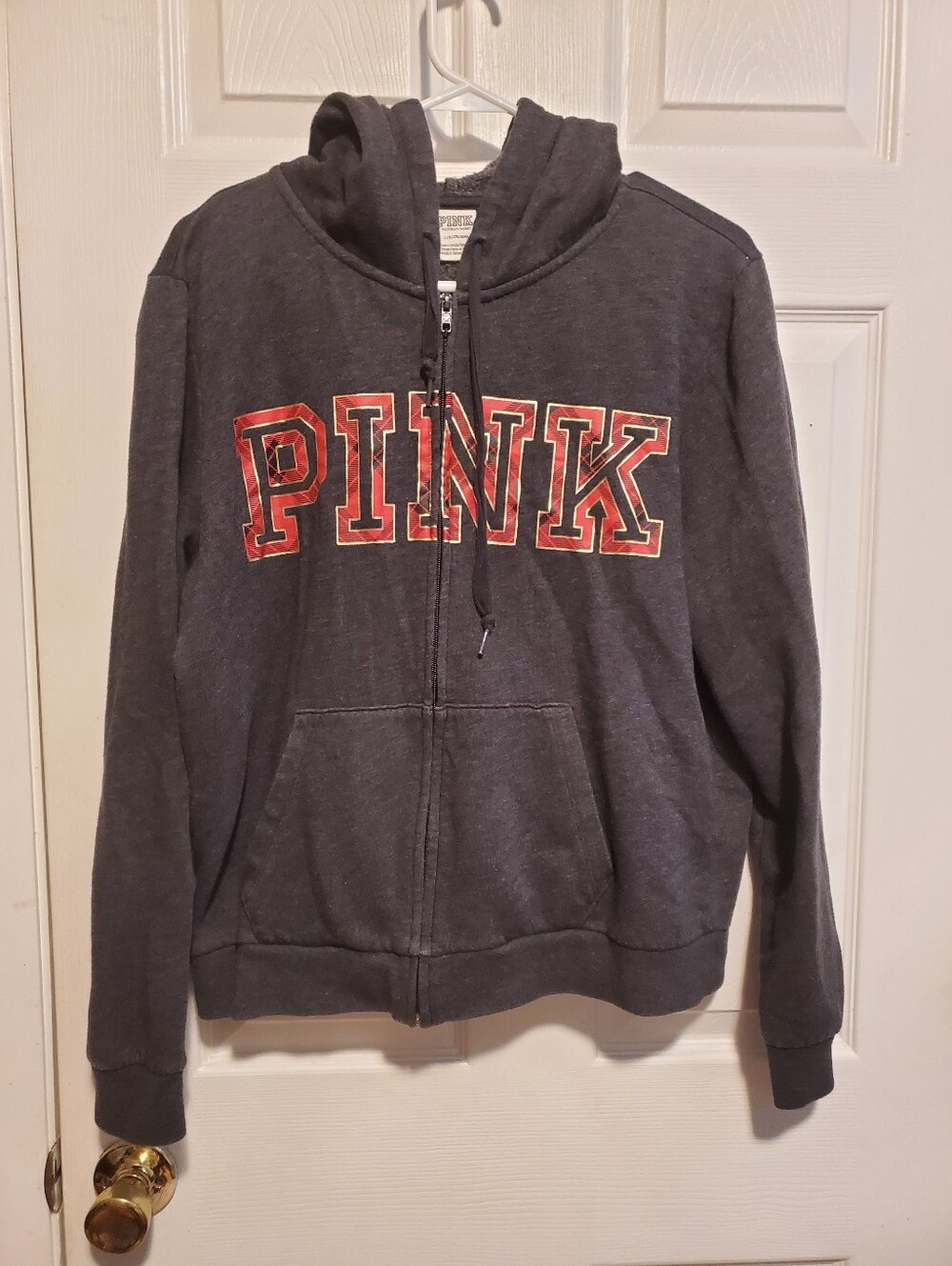 PINK Victoria's Secret Dark Blue Ish Charcoal Zip-Up Hoodie with Red Logo